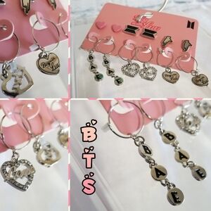 BTS Boy with LUV Earring Set 6 Pairs Studs & Hoop Dangle Style Silver Pink New